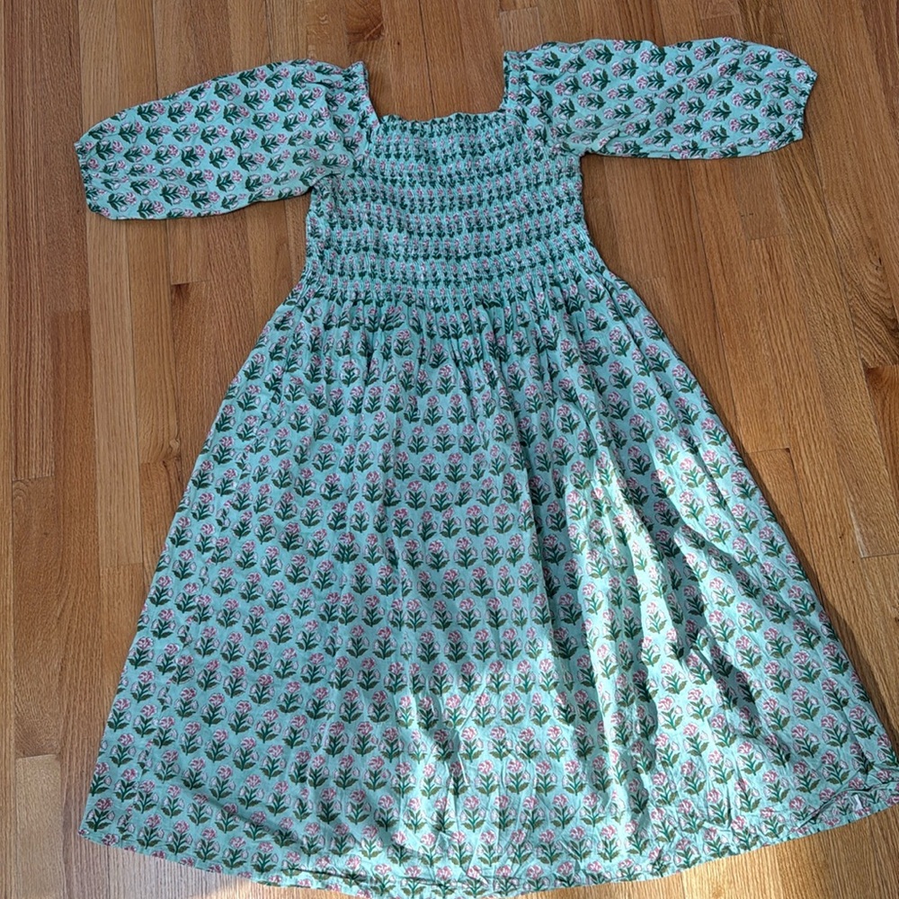 Green Pleated Midi Sundress with Bishop Sleeves